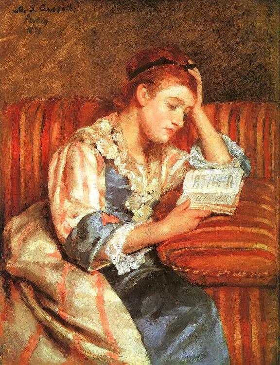 Mary Cassatt Mrs Duffee Seated on a Striped Sofa, Reading Spain oil painting art